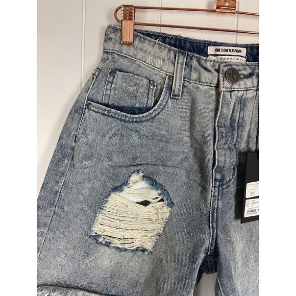 One x One Teaspoon High Waist Mom Fit Intentionally Distressed Denim Shorts 25 - Picture 3 of 10